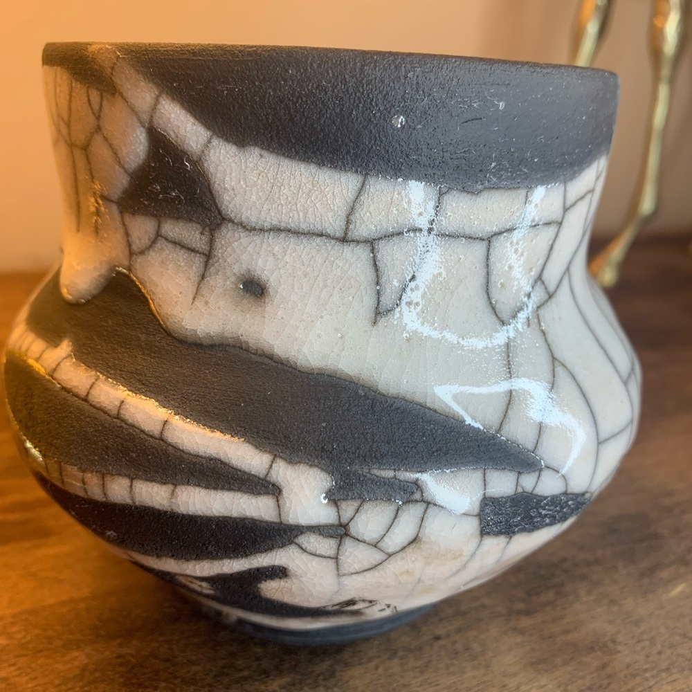 Raku Black and White Pottery Art Vase Chunky Crackle Abstract Pattern Vintage
